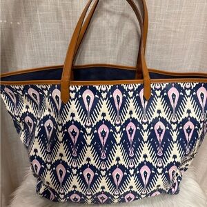 Stella & Dot Ikat Print Canvas Tote with Leather Straps - Navy and Pink